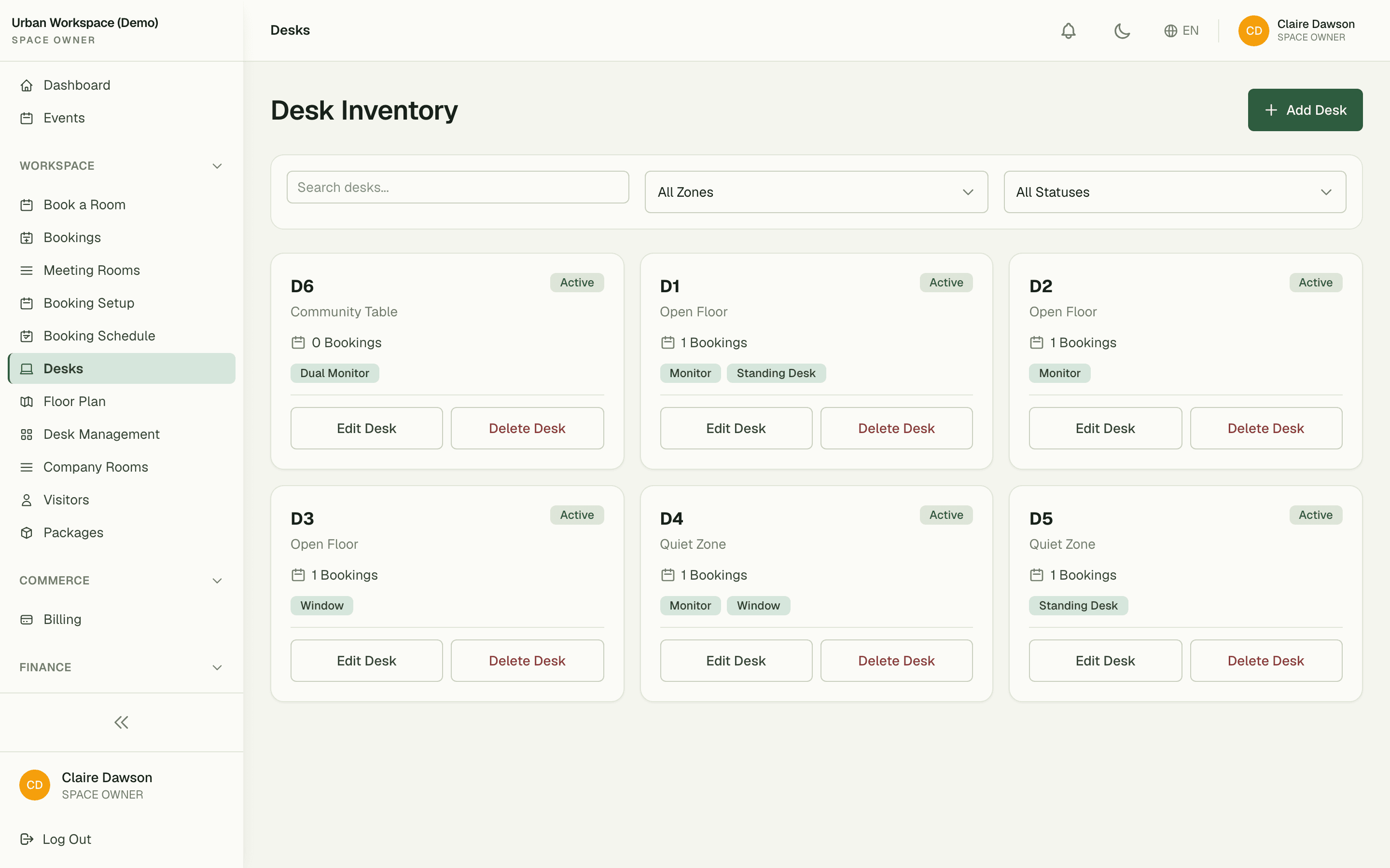 Desk inventory listing each desk with its zone and amenities
