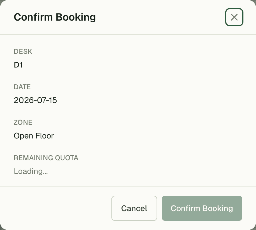 Confirm booking dialog for a desk on a chosen date